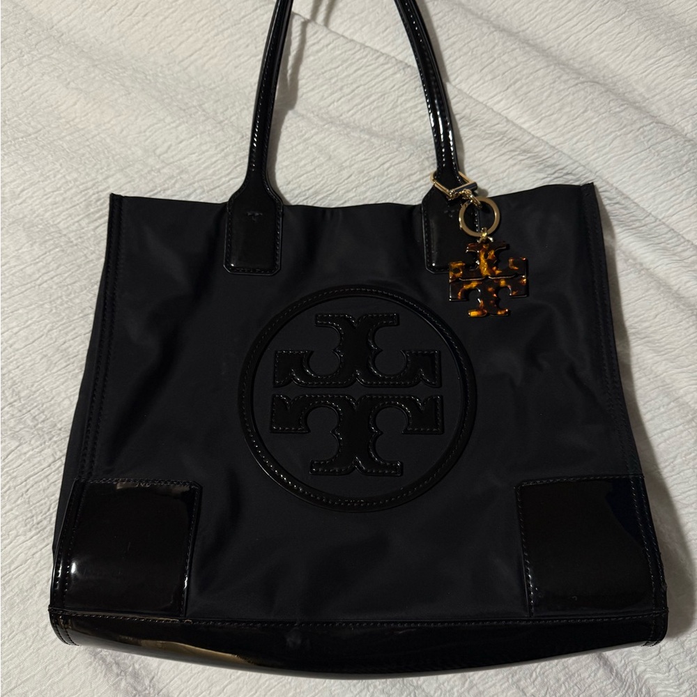 Tory Burch Black Patent Trim Tote + Bag Charm